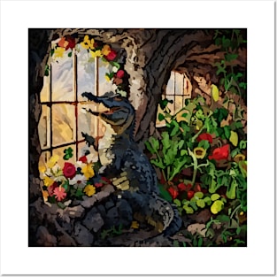 watercolor alligator with garden and mixed flowers Posters and Art